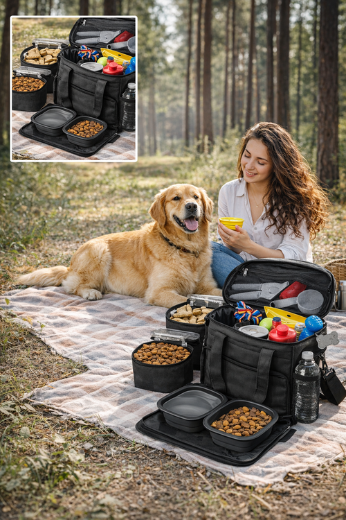 Bolso de Viaje para Mascotas con Comida y Platos – Ideal Paseos y Viajes